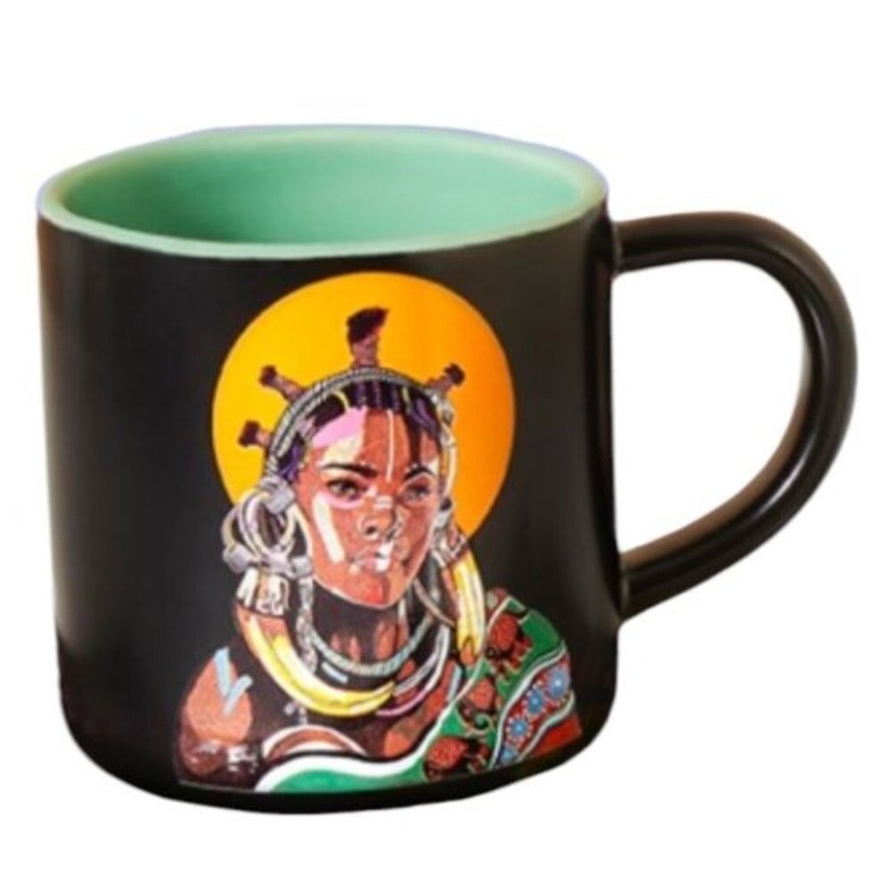 African Art Ceramic Coffee Mug By DOMO INK Microwave & Dishwasher Safe 12 Oz Bla